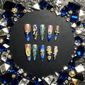 100% Handmade Press On Nails 10Pcs Stiletto False Nails, Luxury 3D Gold Charms & Rhinestone Design, Blue Ombre Gradient Reusable Fake Nails for Party Wedding