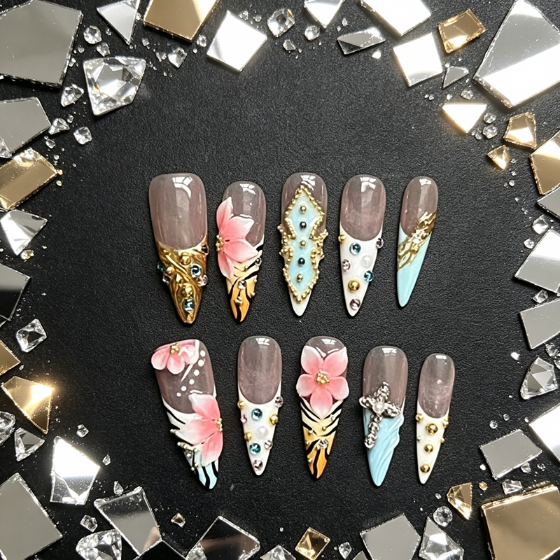 100% Handmade Press On Nails 10Pcs Stiletto False Nails, Luxury 3D Gold Charms & Rhinestone Design, Blue French Style Reusable Fake Nails for Party Wedding