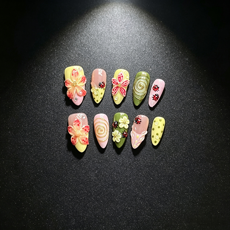 100% Handmade Press On Nails 10Pcs Almond False Nails, Cute 3D Flower & Ladybug Design, Pastel Yellow Pink Green Reusable Fake Nails for Spring Daily Party