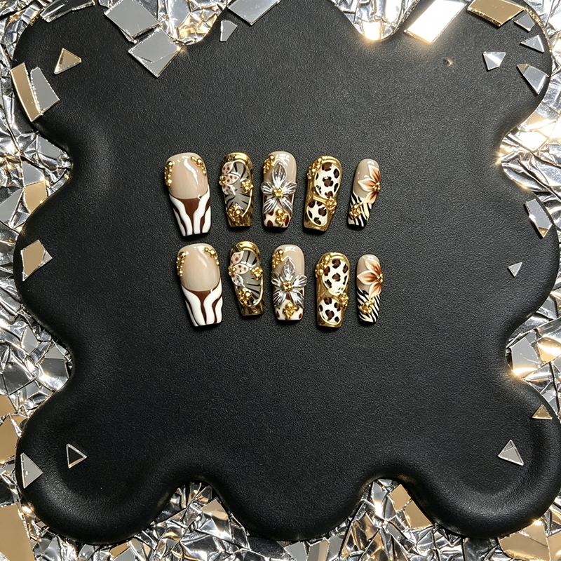 100% Handmade Square Press On Nails 10Pcs, Retro Western Style False Nails, Leopard Zebra Print, 3D Metal Flower & Gold Rhinestone Reusable Fake Nails