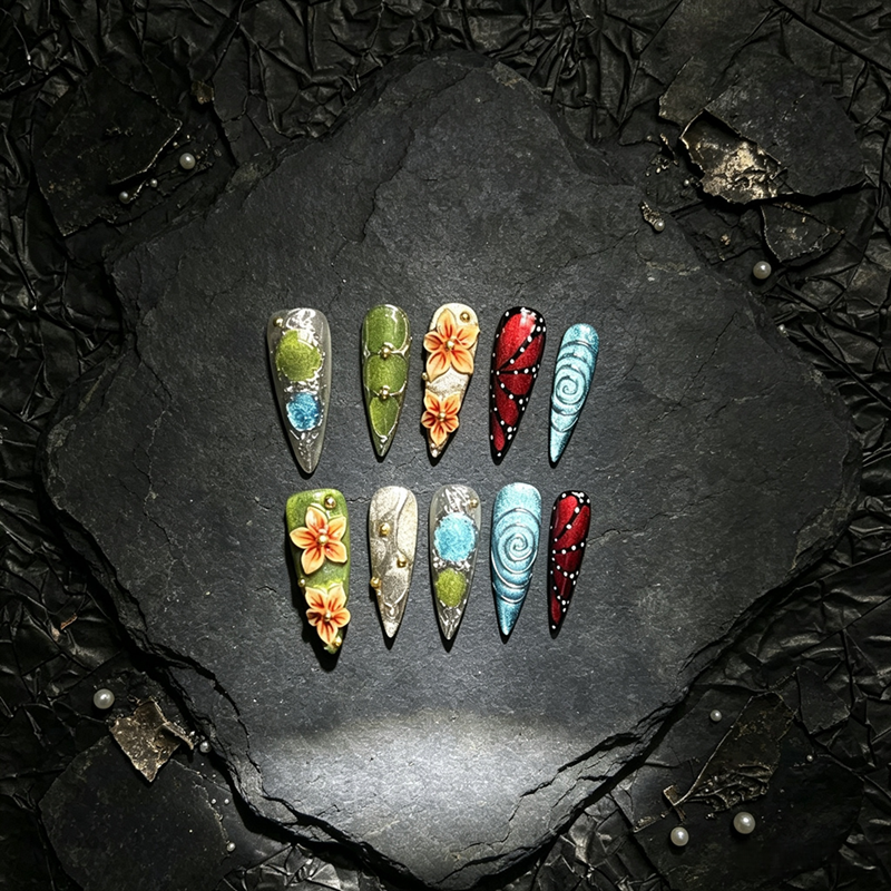 100% Handmade Stiletto Press On Nails 10Pcs, Artistic Hand Painted False Nails, 3D Floral, Butterfly Wing & Swirl Texture Reusable Fake Nails