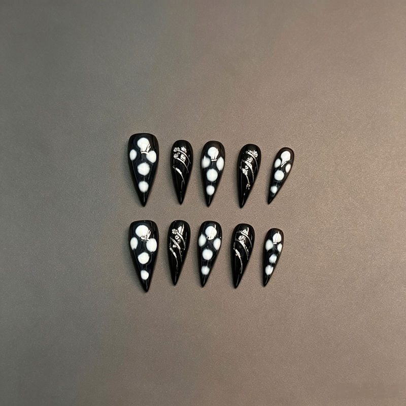 100% Handmade Dragon Press On Nails 10Pcs, Black Base Silver Dragon Line & White Dot False Nails, Dark Gothic Oriental Dragon Reusable Fake Nails