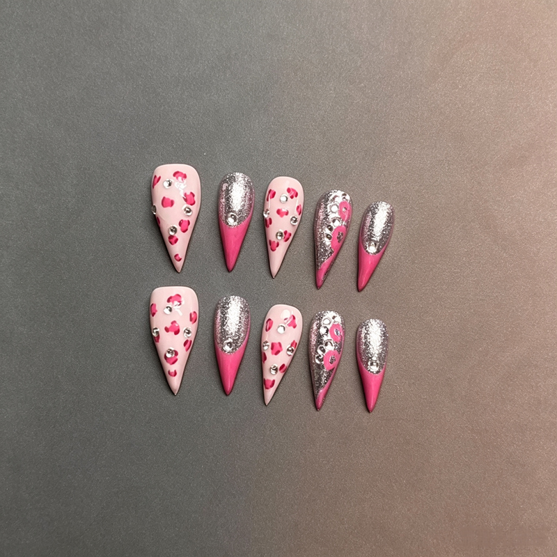 100% Handmade Dragon Press On Nails 10Pcs, Y2K Pink Leopard Print False Nails, Silver Glitter Tip & Rhinestone Sweet Cool Reusable Fake Nails