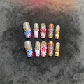 100% Handmade Square Press On Nails, 3D Carved Floral False Nails, Colorful Gradient with Rhinestone & Gold Charm Luxury Reusable Fake Nails