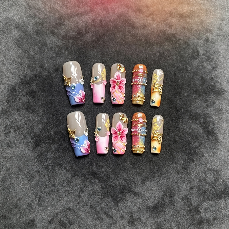 100% Handmade Square Press On Nails, 3D Carved Floral False Nails, Colorful Gradient with Rhinestone & Gold Charm Luxury Reusable Fake Nails