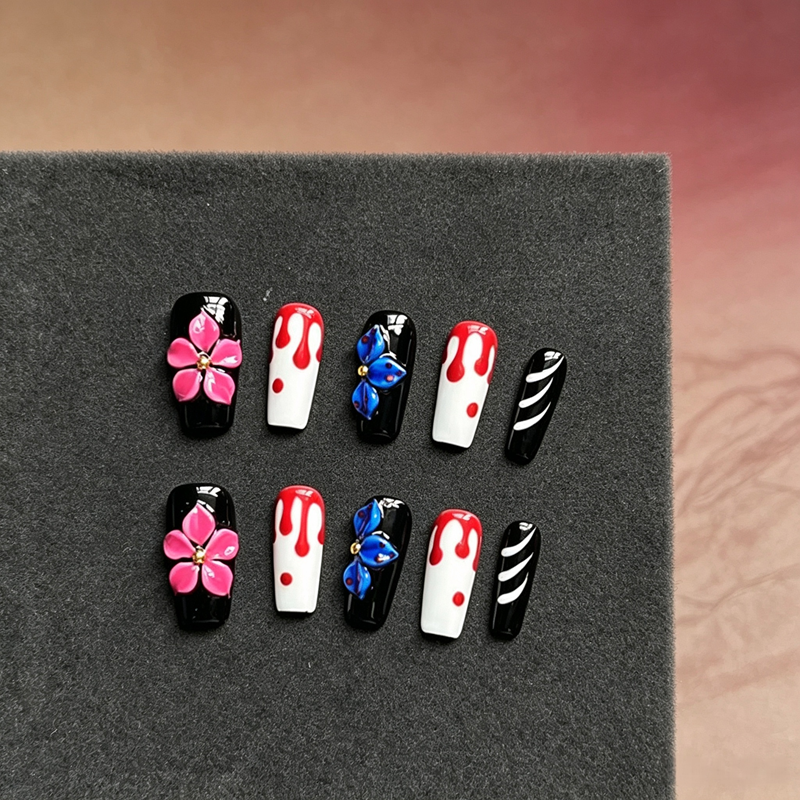 100% Handmade Medium Square Press On Nails, Gothic 3D Flower & Blood Drip False Nails, Black White Red Butterfly Reusable Fake Nails for Halloween