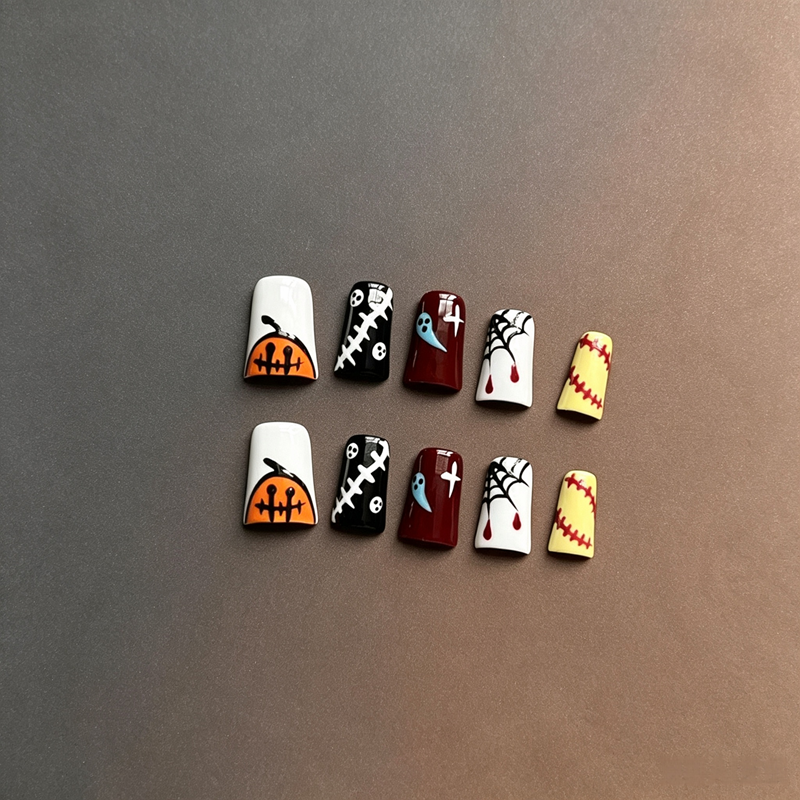 100% Handmade Duck Bill Press On Nails, Halloween Cartoon False Nails, Pumpkin Ghost Spider Web Blood Drip Stitch Design Reusable Fake Nails