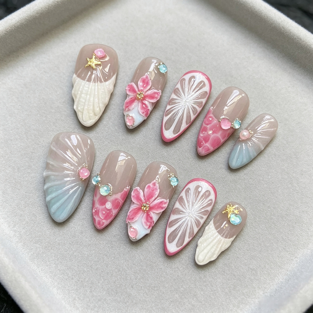 手工杏仁穿戴甲 海边贝壳3D立体粉花美甲贴片 海洋风海星彩珠手绘假指甲 可重复佩戴女士夏日美甲